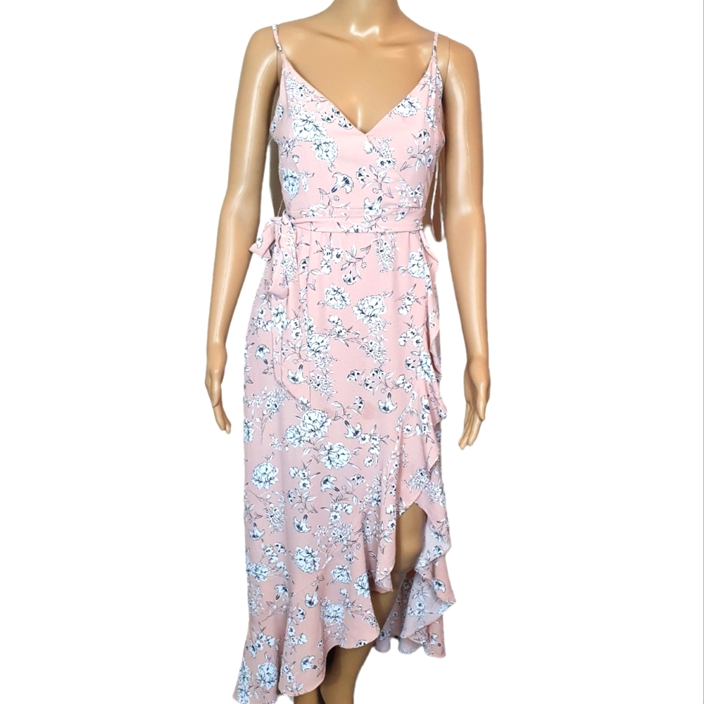 Floral wrap dress boho peach white Sze 12 maxi strappy Hi-Lo belted frill summer - Picture 1 of 8